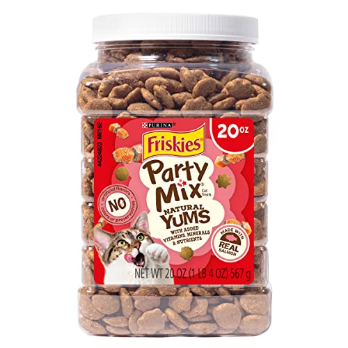 Purina Friskies Natural Cat Treats Party Mix Natural Yums With Real Salmon and Added Vitamins, Minerals and Nutrients - 20 oz. Canister