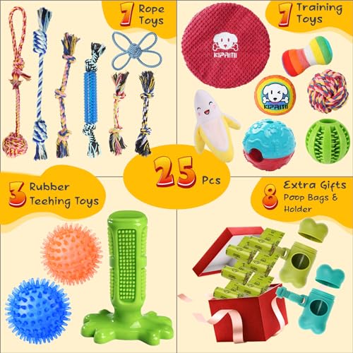 KIPRITII 25 Pack Various Puppy Dog Toys for Teething, Entertainment & Interaction, Puppy Chew Toys Pack with Rope Toys, Treat Balls and Dog Squeaky Toys for Puppy & Small Dogs