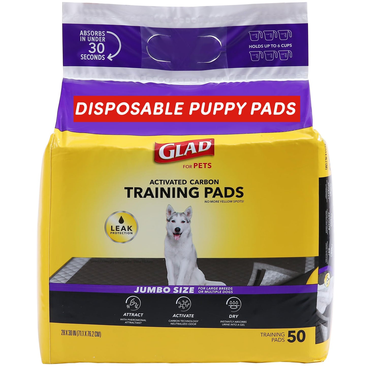 Glad for Pets Extra Large Charcoal Dog Training Pads - Absorbent Disposable Pee Pads for Dogs, Cats & Puppies - Jumbo-Size Potty Pads that Neutralize Urine Instantly - 30 Count Pet Supplies