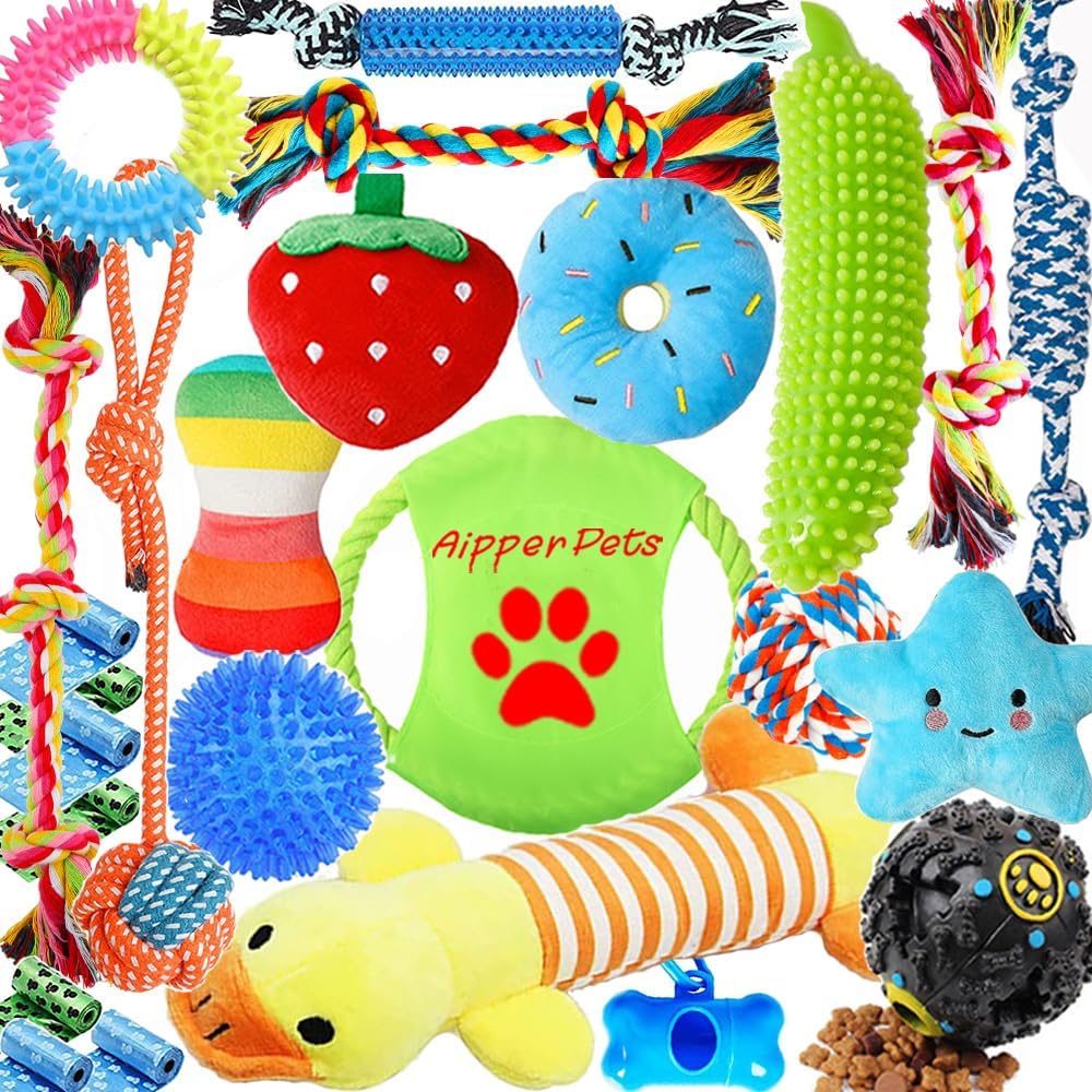 Dog Puppy Toys 25 Pack, Puppy Chew Toys for Fun and Teeth Cleaning, Dog Squeak Toys,Treat Dispenser Ball, Tug of War Toys, Puppy Teething Toys, Dog Rope Toys Pack for Puppy to Small Dogs