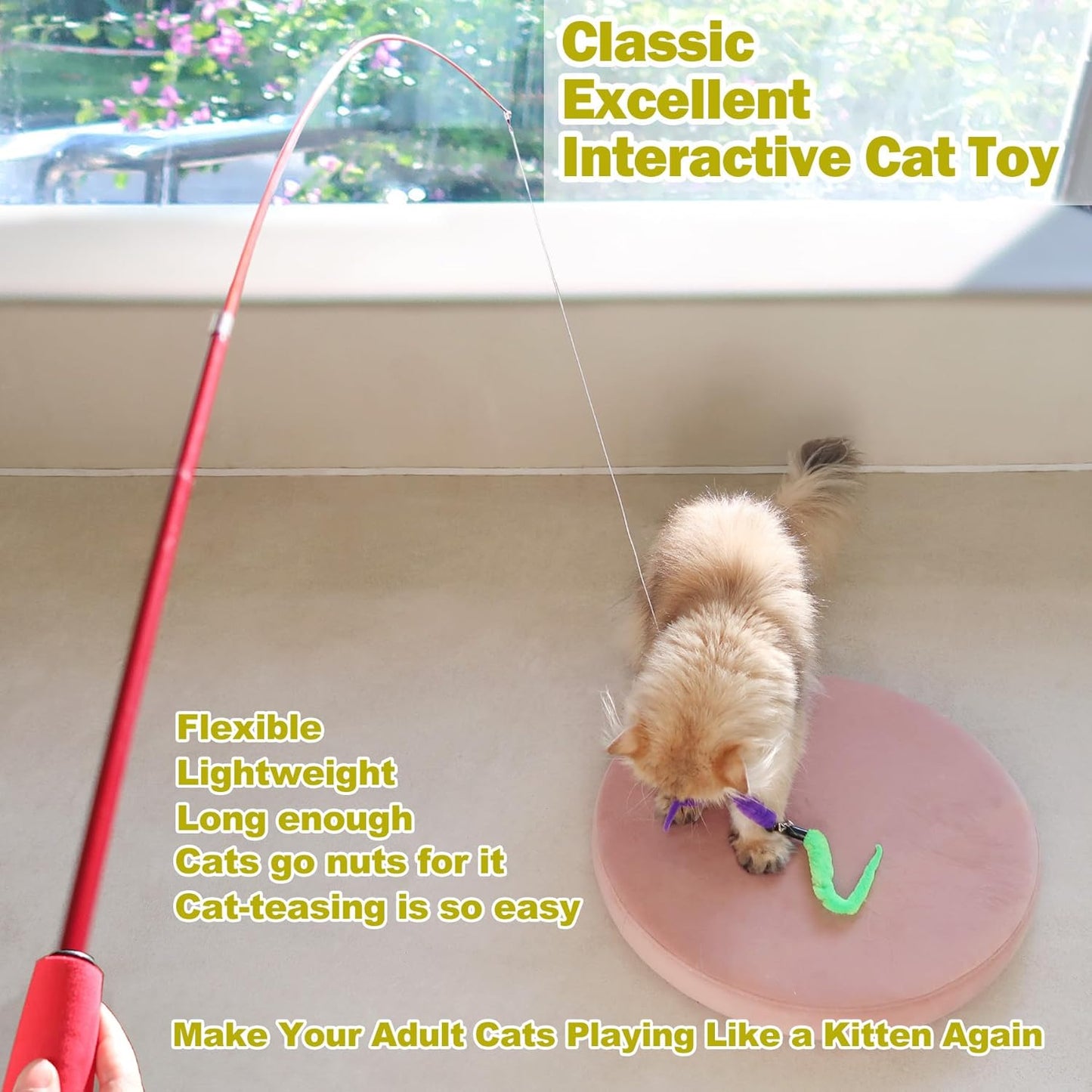 Interactive Cat Toys - Retractable Wand Toy and Feather Toys Refills for Indoor Cats to Chase and Exercise