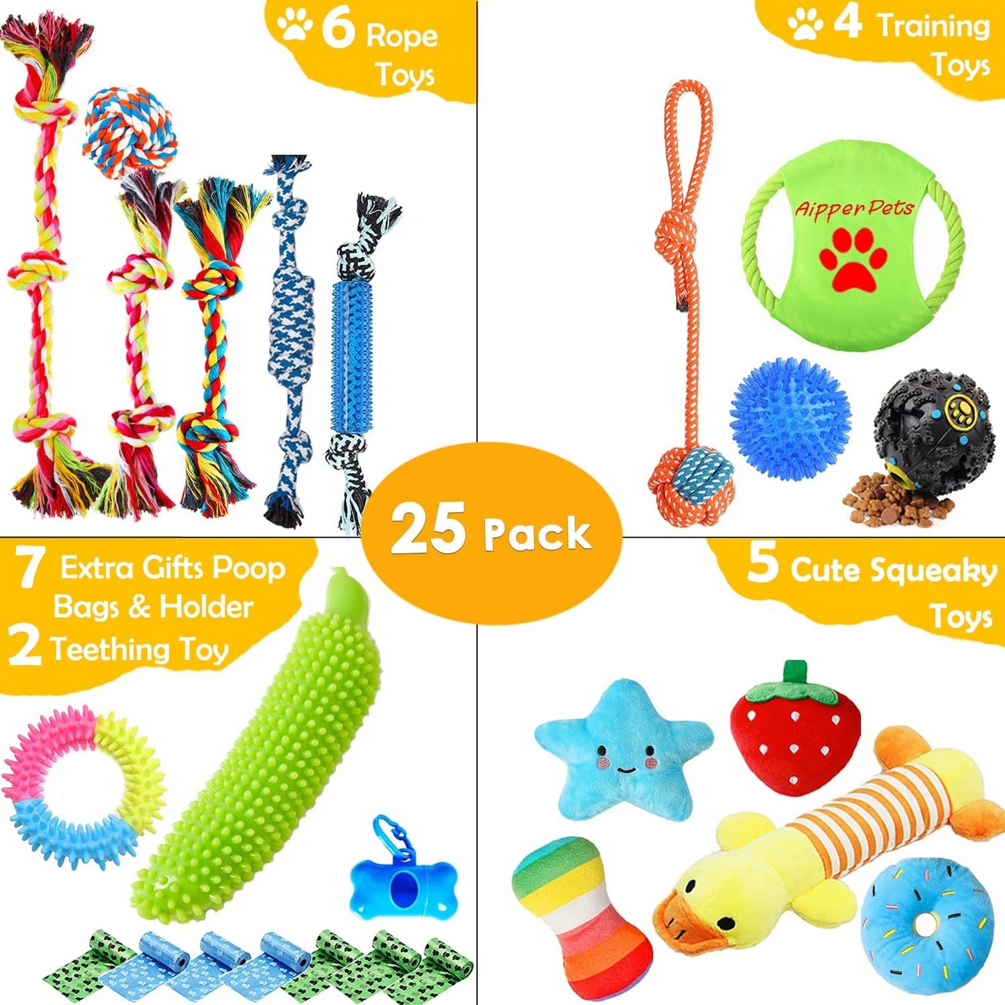 Dog Puppy Toys 25 Pack, Puppy Chew Toys for Fun and Teeth Cleaning, Dog Squeak Toys,Treat Dispenser Ball, Tug of War Toys, Puppy Teething Toys, Dog Rope Toys Pack for Puppy to Small Dogs