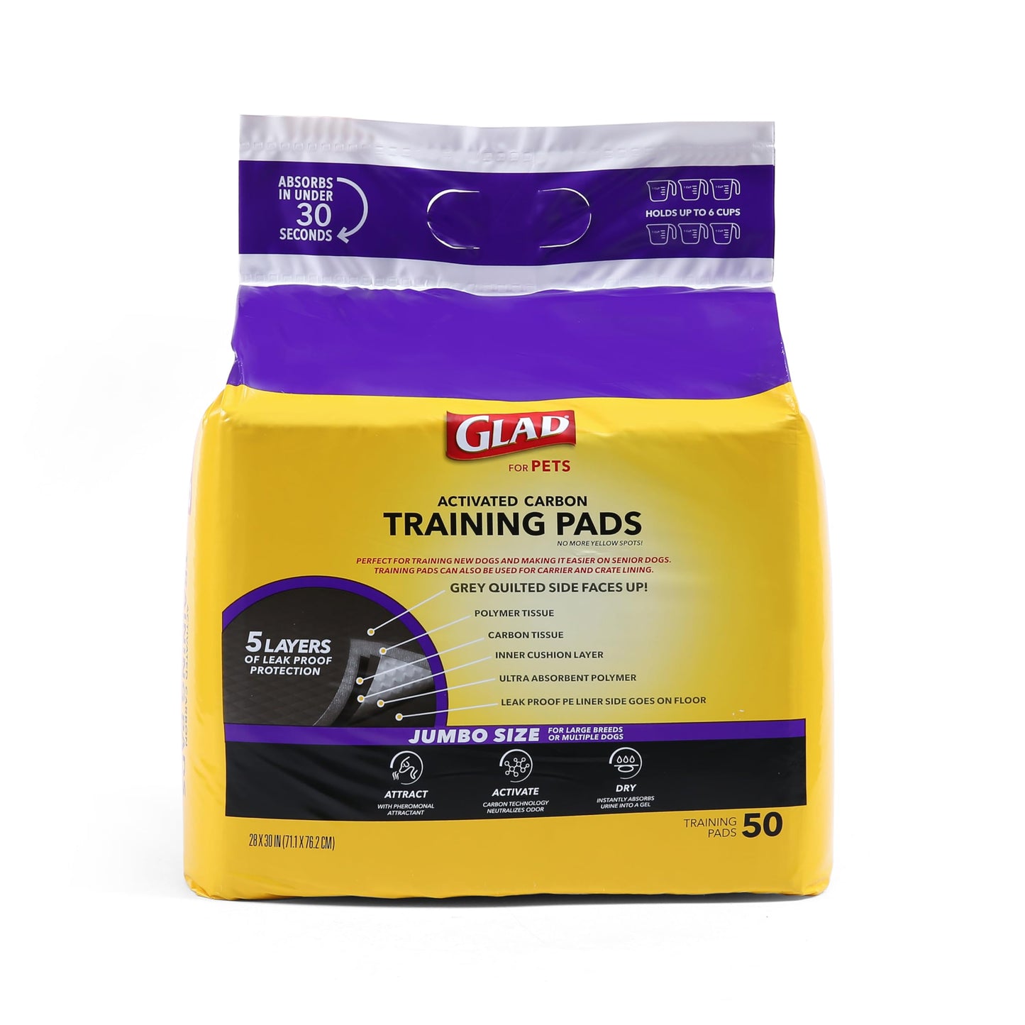 Glad for Pets Extra Large Charcoal Dog Training Pads - Absorbent Disposable Pee Pads for Dogs, Cats & Puppies - Jumbo-Size Potty Pads that Neutralize Urine Instantly - 30 Count Pet Supplies