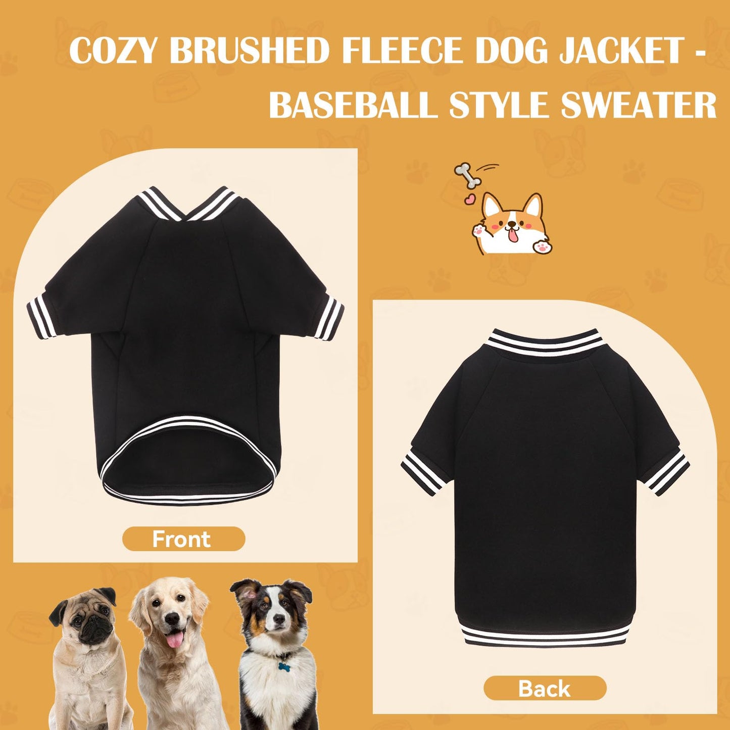 Dog Sweater Brushed Fleece Dog Clothes Baseball Jacket Soft Warm Dog Sweatshirt Dog Sweaters for Small Dogs Dog Sweaters for Medium Dogs Boy Girl Pet(Black-S/M)