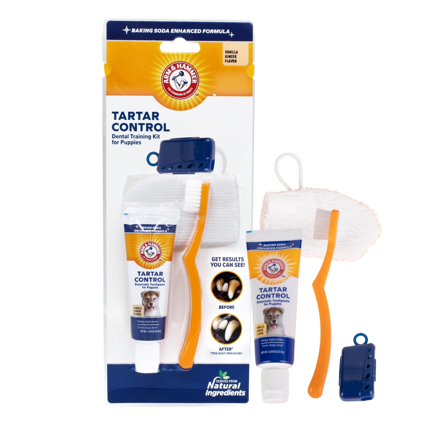 Arm & Hammer for Pets Tartar Control Kit for Dogs | Contains Toothpaste, Toothbrush & Fingerbrush | Reduces Plaque & Tartar Buildup | Safe for Puppies, 3-Piece , Beef Flavor