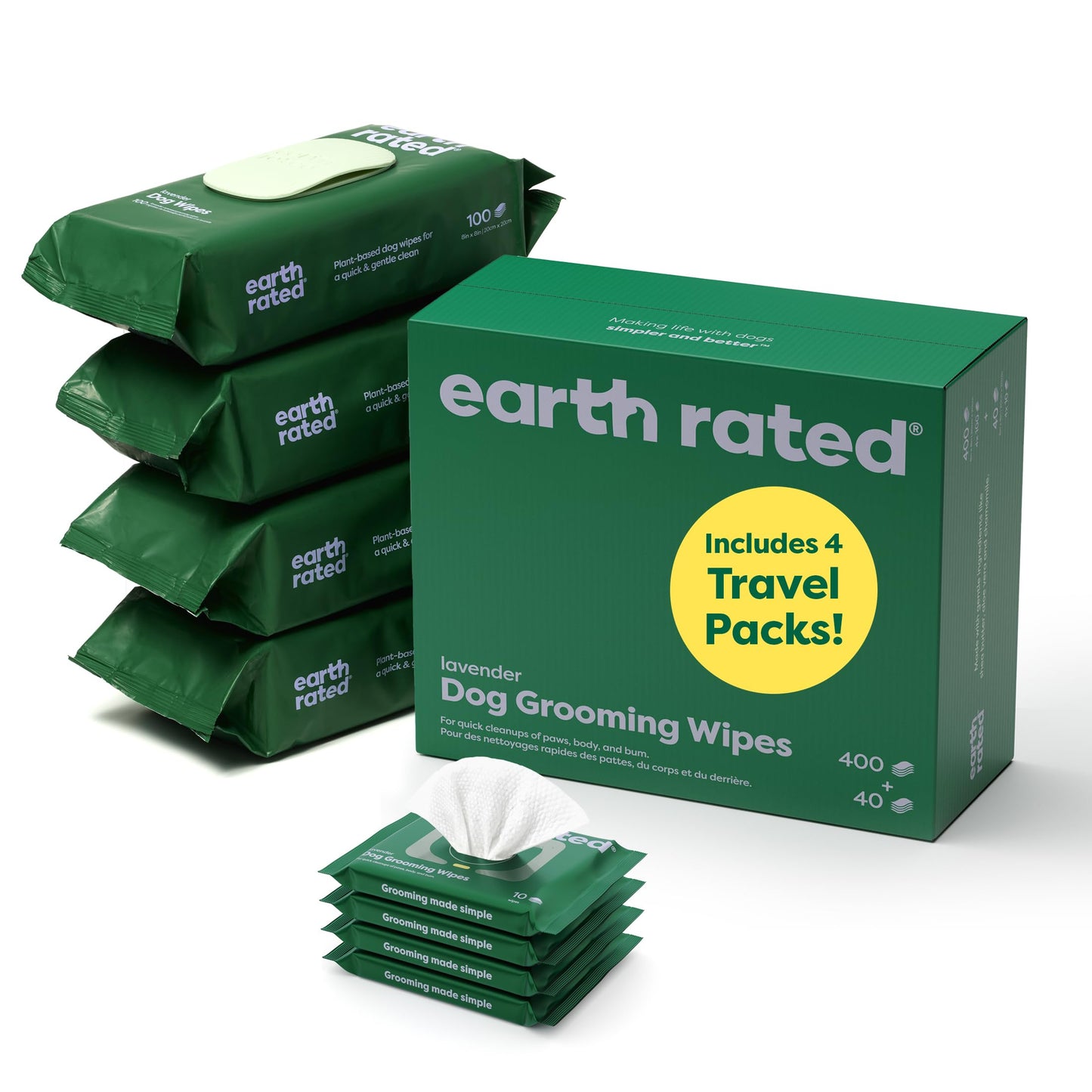 Earth Rated Textured Pet Wipes for Dogs & Cats, Cleaning and Odor-Controlling Grooming Wipes for Paws, Body, and Butt, Unscented, 100 Count