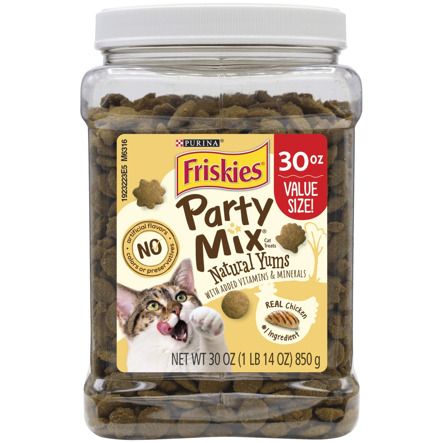 Purina Friskies Natural Cat Treats Party Mix Natural Yums With Real Salmon and Added Vitamins, Minerals and Nutrients - 20 oz. Canister