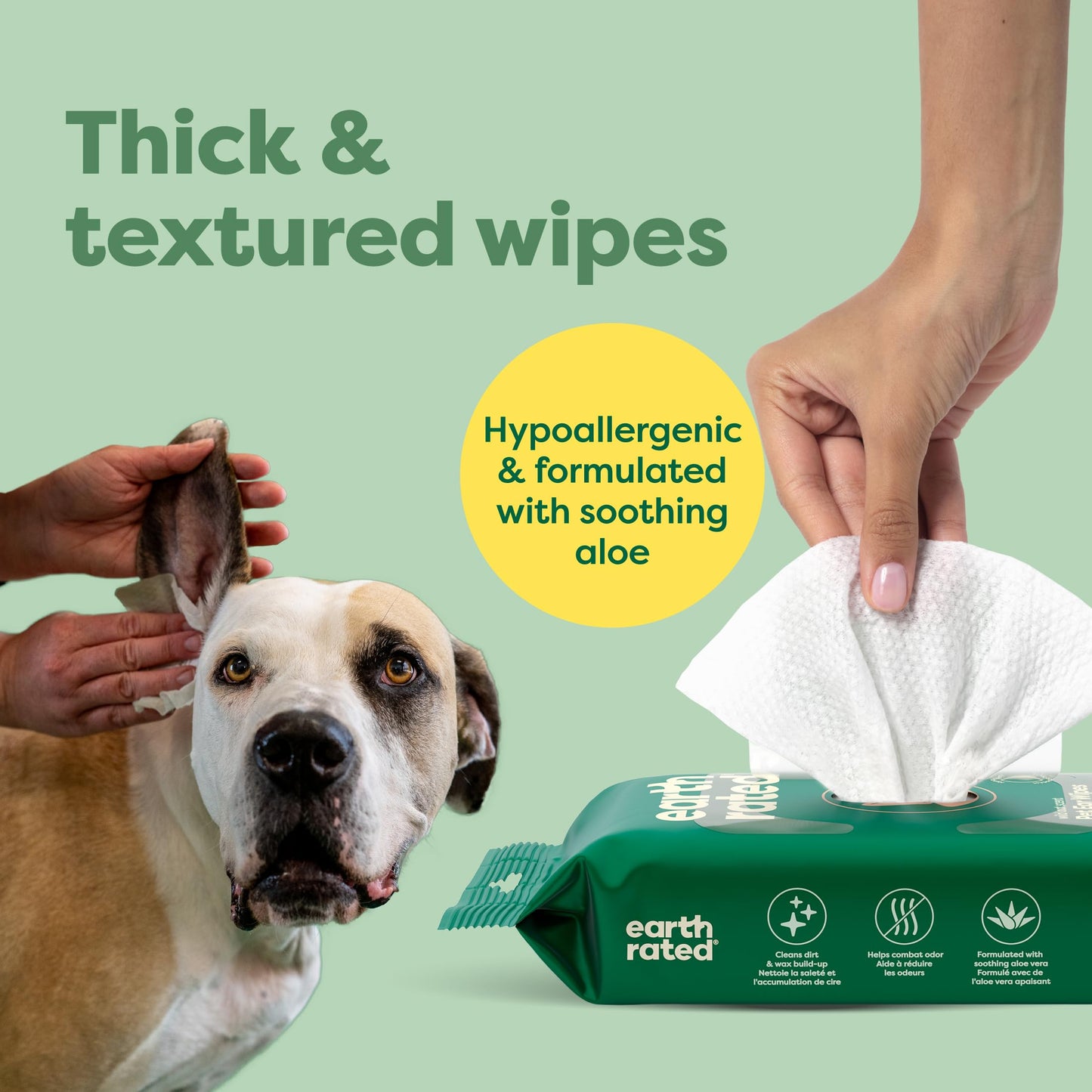 Earth Rated Textured Pet Wipes for Dogs & Cats, Cleaning and Odor-Controlling Grooming Wipes for Paws, Body, and Butt, Unscented, 100 Count