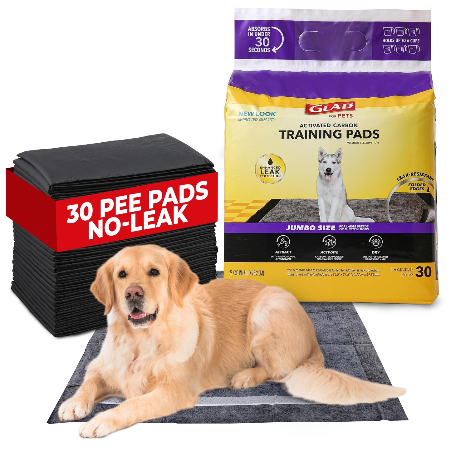 Glad for Pets Extra Large Charcoal Dog Training Pads - Absorbent Disposable Pee Pads for Dogs, Cats & Puppies - Jumbo-Size Potty Pads that Neutralize Urine Instantly - 30 Count Pet Supplies