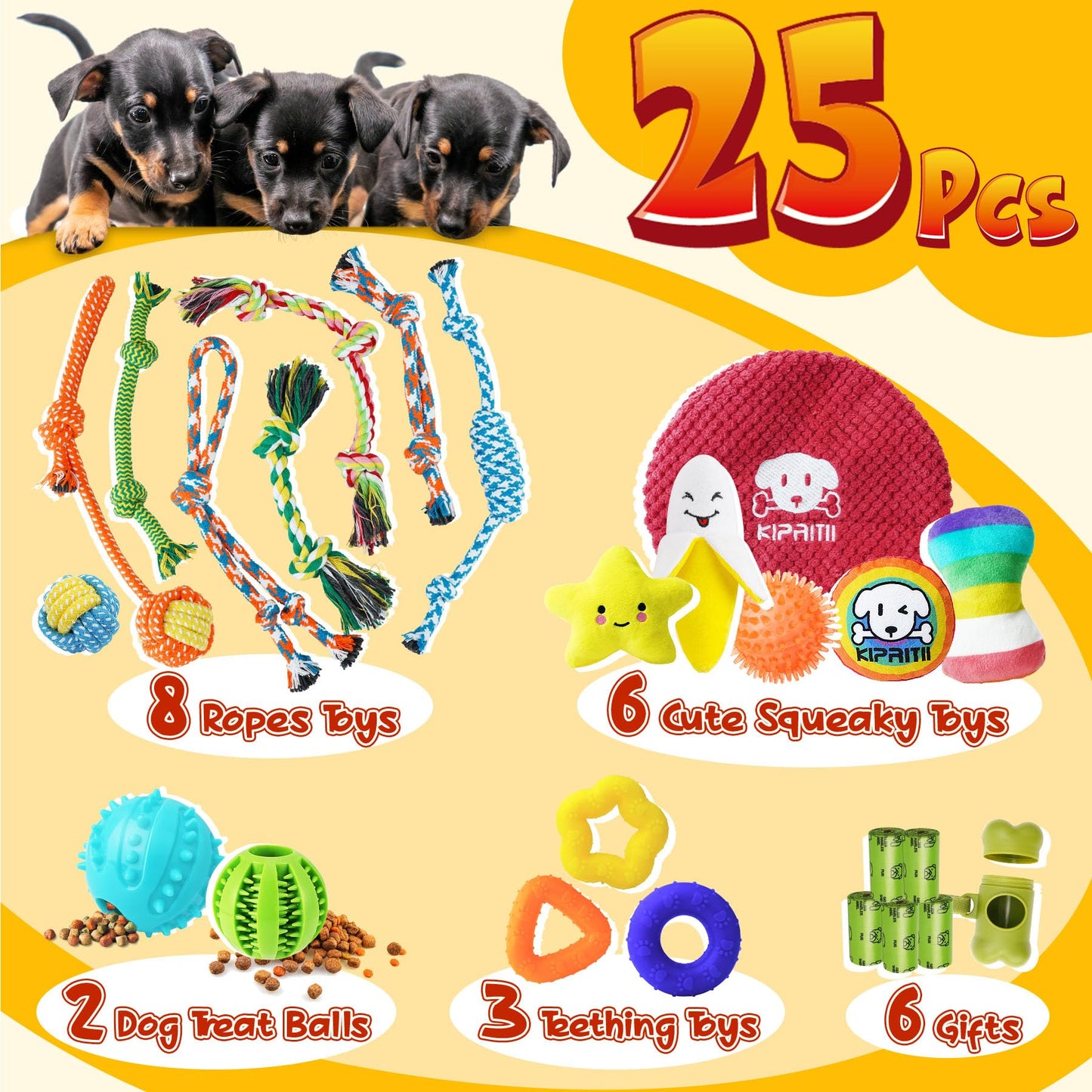 KIPRITII 25 Pack Various Puppy Dog Toys for Teething, Entertainment & Interaction, Puppy Chew Toys Pack with Rope Toys, Treat Balls and Dog Squeaky Toys for Puppy & Small Dogs