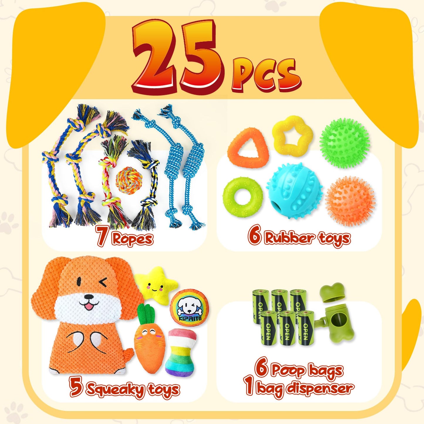 KIPRITII 25 Pack Various Puppy Dog Toys for Teething, Entertainment & Interaction, Puppy Chew Toys Pack with Rope Toys, Treat Balls and Dog Squeaky Toys for Puppy & Small Dogs