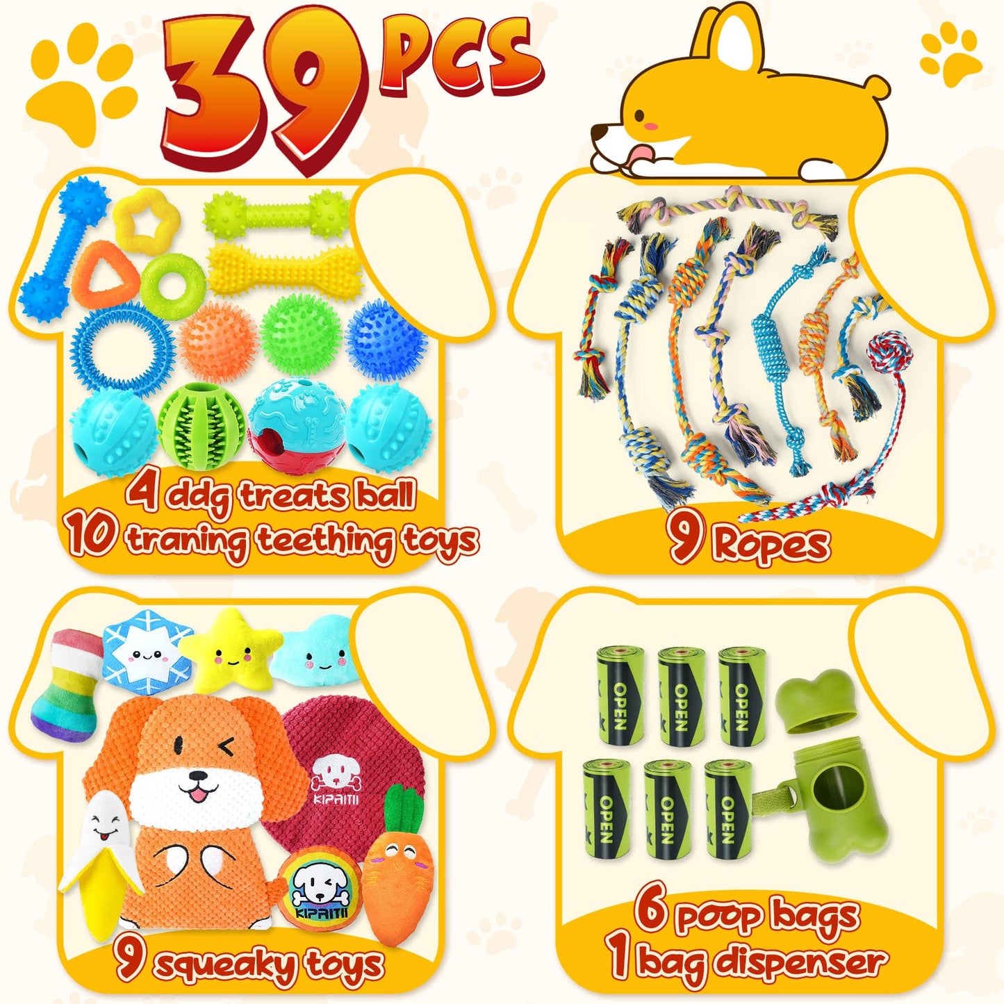 KIPRITII 25 Pack Various Puppy Dog Toys for Teething, Entertainment & Interaction, Puppy Chew Toys Pack with Rope Toys, Treat Balls and Dog Squeaky Toys for Puppy & Small Dogs