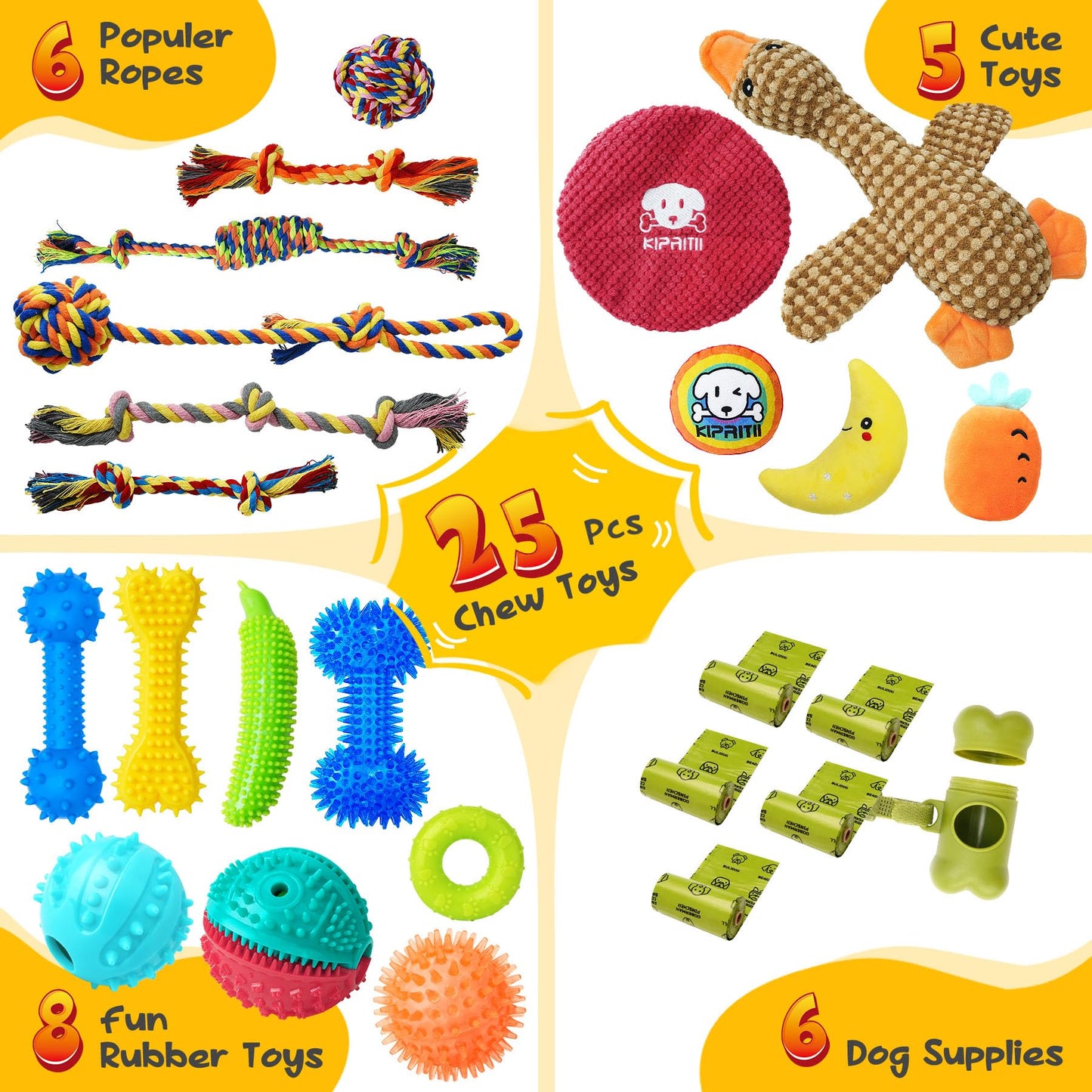 KIPRITII 25 Pack Various Puppy Dog Toys for Teething, Entertainment & Interaction, Puppy Chew Toys Pack with Rope Toys, Treat Balls and Dog Squeaky Toys for Puppy & Small Dogs