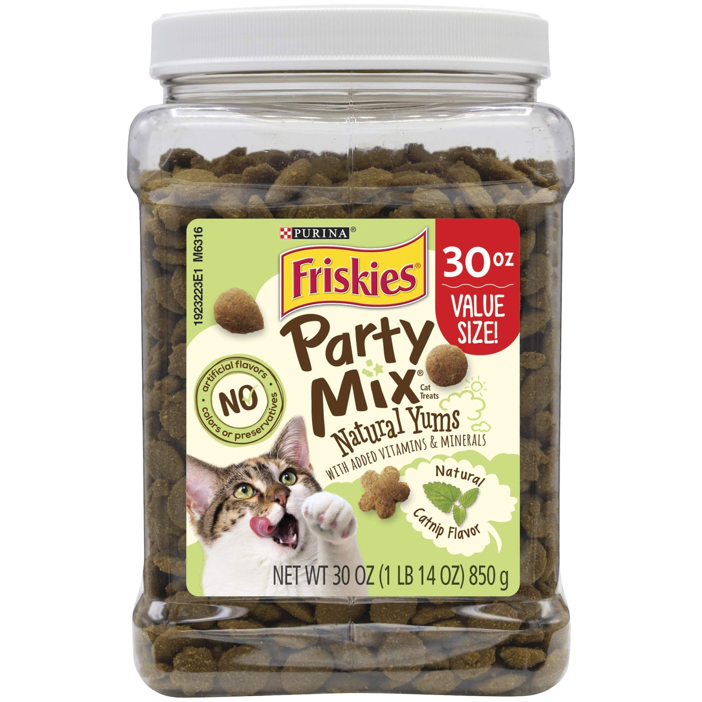 Purina Friskies Natural Cat Treats Party Mix Natural Yums With Real Salmon and Added Vitamins, Minerals and Nutrients - 20 oz. Canister