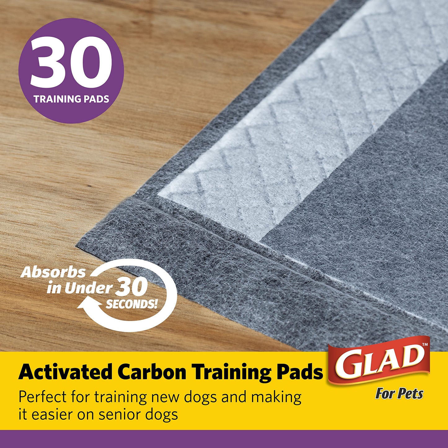 Glad for Pets Extra Large Charcoal Dog Training Pads - Absorbent Disposable Pee Pads for Dogs, Cats & Puppies - Jumbo-Size Potty Pads that Neutralize Urine Instantly - 30 Count Pet Supplies